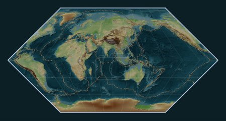 Foto de Límites de placas tectónicas en el mapa de elevación de estilo wikipedia mundial en la proyección Eckert I centrada en la longitud 90 meridiano este - Imagen libre de derechos