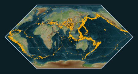 Foto de Ubicaciones de terremotos por encima de Richter 6.5 registradas desde principios del siglo XVII en el mapa de elevación de estilo wikipedia mundial en la proyección de Eckert I centrada en la longitud 90 meridiano este - Imagen libre de derechos