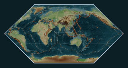 Foto de Distribución de volcanes conocidos en el mundo wikipedia estilo mapa de elevación en el Eckert I proyección centrada en el meridiano 90 longitud este - Imagen libre de derechos