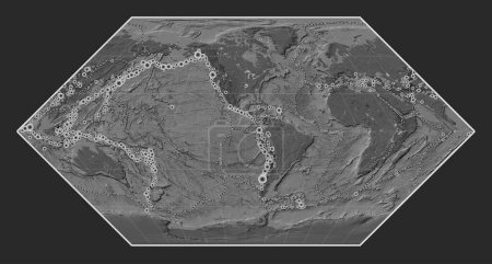 Foto de Ubicaciones de terremotos por encima de Richter 6.5 registradas desde principios del siglo XVII en el mapa de elevación de bileveles del mundo en la proyección de Eckert I centrada en la longitud del meridiano 90 oeste - Imagen libre de derechos