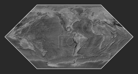 Foto de Límites de placas tectónicas en el mapa de elevación a escala de grises del mundo en la proyección de Eckert I centrada en la longitud del meridiano 90 oeste - Imagen libre de derechos
