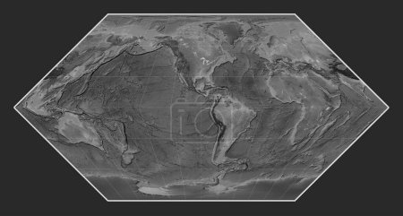Foto de Mapa mundial de elevación a escala de grises en la proyección de Eckert I centrado en la longitud del meridiano 90 oeste - Imagen libre de derechos