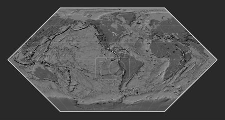 Foto de Distribución de volcanes conocidos en el mapa de elevación de bileveles del mundo en la proyección de Eckert I centrada en la longitud del meridiano 90 oeste - Imagen libre de derechos
