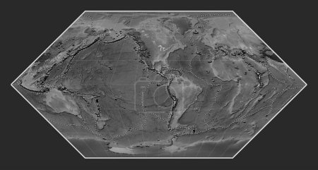 Foto de Distribución de volcanes conocidos en el mapa de elevación a escala de grises del mundo en la proyección de Eckert I centrada en la longitud del meridiano 90 oeste - Imagen libre de derechos