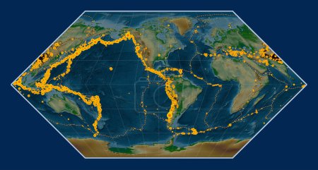 Foto de Ubicaciones de terremotos por encima de Richter 6.5 registradas desde principios del siglo XVII en el mapa de elevación física mundial en la proyección de Eckert I centrada en la longitud del meridiano 90 oeste - Imagen libre de derechos