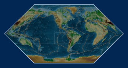Foto de Límites de placas tectónicas en el mapa de elevación física del mundo en la proyección de Eckert I centrada en la longitud del meridiano 90 oeste - Imagen libre de derechos