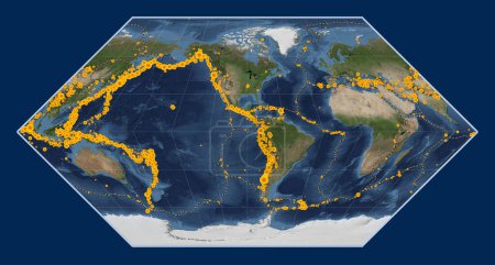 Foto de Ubicaciones de terremotos por encima de Richter 6.5 registrados desde principios del siglo XVII en el mapa satelital de mármol azul del mundo en la proyección de Eckert I centrada en la longitud del meridiano 90 oeste - Imagen libre de derechos