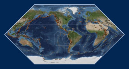 Foto de Distribución de volcanes conocidos en el mundo mapa satélite de mármol azul en la proyección de Eckert I centrada en la longitud del meridiano 90 oeste - Imagen libre de derechos