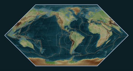 Foto de Límites de placas tectónicas en el mapa de elevación de estilo wikipedia mundial en la proyección Eckert I centrada en la longitud del meridiano 90 oeste - Imagen libre de derechos