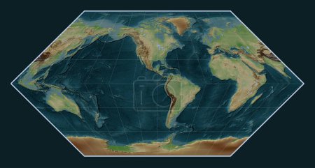 Foto de Mapa de elevación de estilo wikipedia mundial en la proyección de Eckert I centrado en la longitud del meridiano 90 oeste - Imagen libre de derechos