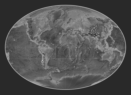 Foto de Localizaciones de terremotos por encima de 6,5 magnitudes registradas desde principios del siglo XVII en el mapa de elevación a escala de grises del mundo en la proyección de Fahey centrada en el meridiano primario - Imagen libre de derechos