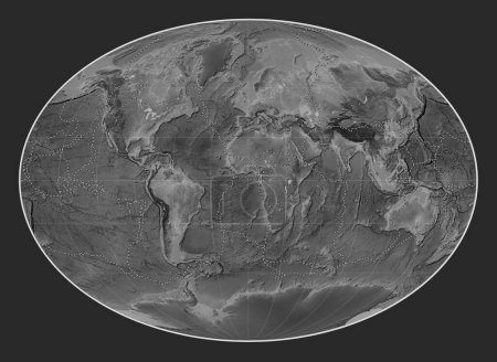 Foto de Límites de placas tectónicas en el mapa de elevación a escala de grises del mundo en la proyección de Fahey centrada en el meridiano primario - Imagen libre de derechos