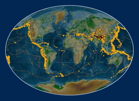 Téléchargez les photos : Lieux des tremblements de terre de plus de 6,5 magnitude enregistrés depuis le début du XVIIe siècle sur la carte de l'altitude physique mondiale dans la projection Fahey centrée sur le méridien principal - en image libre de droit