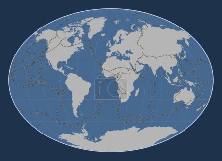 Foto de Límites de placas tectónicas en el mapa de contorno sólido del mundo en la proyección de Fahey centrada en el meridiano primario - Imagen libre de derechos