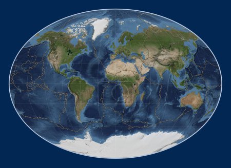 Téléchargez les photos : Limites des plaques tectoniques sur la carte satellite en marbre bleu du monde dans la projection Fahey centrée sur le méridien principal - en image libre de droit