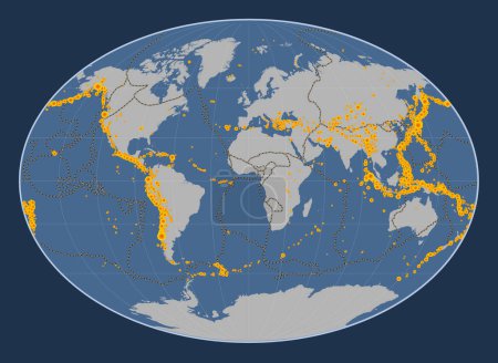 Foto de Localizaciones de terremotos por encima de 6,5 magnitudes registradas desde principios del siglo XVII en el mapa del contorno sólido mundial en la proyección de Fahey centrada en el meridiano primario - Imagen libre de derechos
