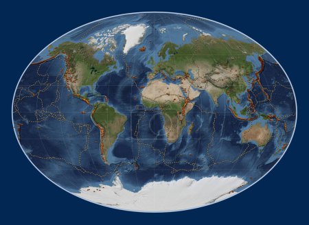 Foto de Distribución de volcanes conocidos en el mapa satélite de mármol azul del mundo en la proyección de Fahey centrada en el meridiano principal - Imagen libre de derechos