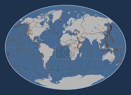 Téléchargez les photos : Répartition des volcans connus sur la carte des contours solides du monde dans la projection Fahey centrée sur le méridien principal - en image libre de droit