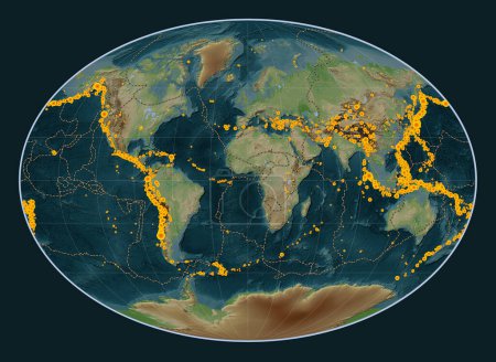 Photo for Locations of earthquakes above 6.5 magnitude recorded since the early 17th century on the world wiki style elevation map in the Fahey projection centered on the prime meridian - Royalty Free Image