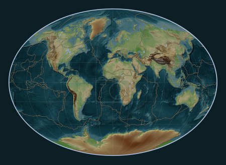 Téléchargez les photos : Limites des plaques tectoniques sur la carte d'élévation de style wiki du monde dans la projection Fahey centrée sur le méridien principal - en image libre de droit