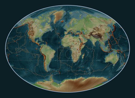 Foto de Distribución de volcanes conocidos en el mapa de elevación de estilo wiki del mundo en la proyección de Fahey centrada en el meridiano principal - Imagen libre de derechos