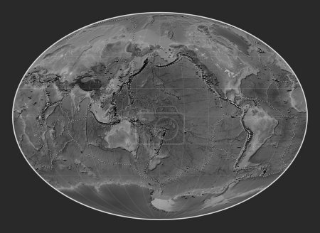 Photo for Distribution of known volcanoes on the world grayscale elevation map in the Fahey projection centered on the date line - Royalty Free Image
