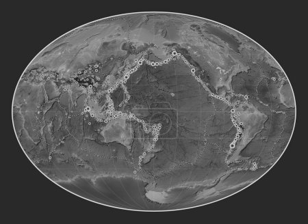 Foto de Ubicaciones de terremotos por encima de Richter 6.5 registradas desde principios del siglo XVII en el mapa de elevación a escala de grises mundial en la proyección de Fahey centrada en la línea de fecha - Imagen libre de derechos
