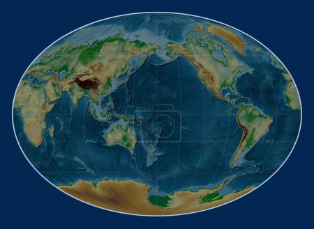 Téléchargez les photos : Carte de l'altitude physique mondiale dans la projection de Fahey centrée sur la ligne de date - en image libre de droit