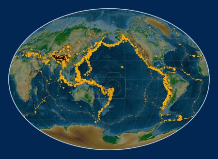 Photo for Locations of earthquakes above Richter 6.5 recorded since the early 17th century on the world physical elevation map in the Fahey projection centered on the date line - Royalty Free Image