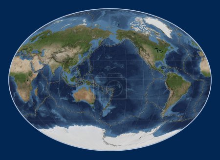 Photo for Tectonic plate boundaries on the world blue Marble satellite map in the Fahey projection centered on the date line - Royalty Free Image