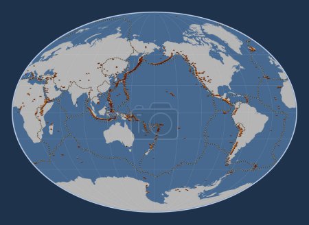 Photo for Distribution of known volcanoes on the world solid contour map in the Fahey projection centered on the date line - Royalty Free Image