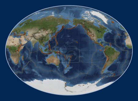Photo for Distribution of known volcanoes on the world blue Marble satellite map in the Fahey projection centered on the date line - Royalty Free Image