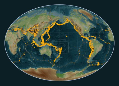 Photo for Locations of earthquakes above Richter 6.5 recorded since the early 17th century on the world wikipedia style elevation map in the Fahey projection centered on the date line - Royalty Free Image