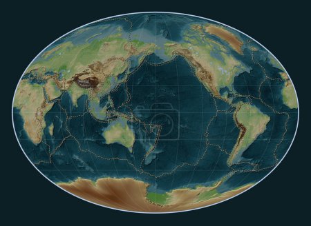 Téléchargez les photos : Limites des plaques tectoniques sur la carte d'élévation de style wikipédia mondiale dans la projection Fahey centrée sur la ligne de date - en image libre de droit