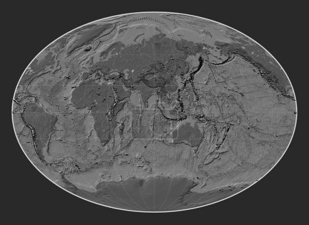 Foto de Distribución de volcanes conocidos en el mapa de elevación de bileveles del mundo en la proyección de Fahey centrada en la longitud del meridiano 90 este - Imagen libre de derechos