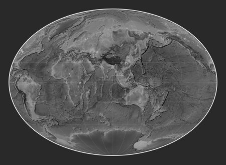 Téléchargez les photos : Carte de l'altitude mondiale en niveaux de gris dans la projection de Fahey centrée sur la 90e longitude est du méridien - en image libre de droit