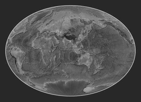 Téléchargez les photos : Limites des plaques tectoniques sur la carte de l'altitude en niveaux de gris dans la projection Fahey centrée sur la 90e longitude est du méridien - en image libre de droit