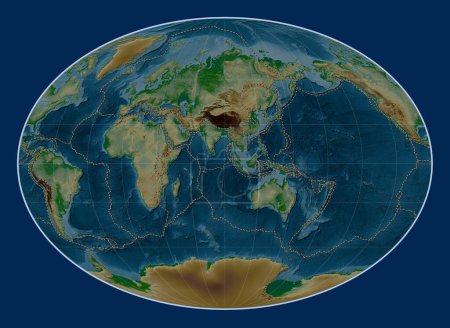 Photo for Tectonic plate boundaries on the world physical elevation map in the Fahey projection centered on the 90th meridian east longitude - Royalty Free Image