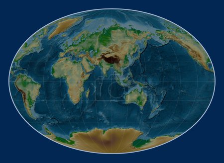 Photo for World physical elevation map in the Fahey projection centered on the 90th meridian east longitude - Royalty Free Image