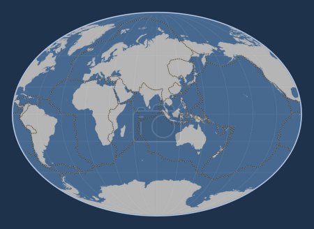 Foto de Límites de placas tectónicas en el mapa de contorno sólido del mundo en la proyección de Fahey centrada en la longitud 90 meridiano este - Imagen libre de derechos