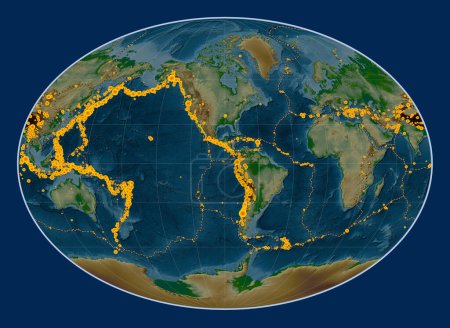 Téléchargez les photos : Lieux des tremblements de terre au-dessus de Richter 6.5 enregistrés depuis le début du 17ème siècle sur la carte de l'altitude physique mondiale dans la projection Fahey centrée sur la 90ème longitude méridienne ouest - en image libre de droit