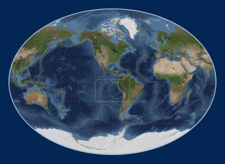 Photo for Tectonic plate boundaries on the world blue Marble satellite map in the Fahey projection centered on the 90th meridian west longitude - Royalty Free Image
