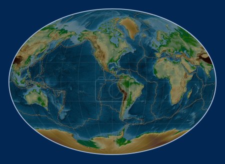 Photo for Tectonic plate boundaries on the world physical elevation map in the Fahey projection centered on the 90th meridian west longitude - Royalty Free Image