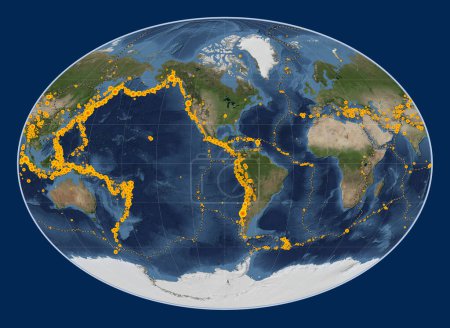 Photo for Locations of earthquakes above Richter 6.5 recorded since the early 17th century on the world blue Marble satellite map in the Fahey projection centered on the 90th meridian west longitude - Royalty Free Image