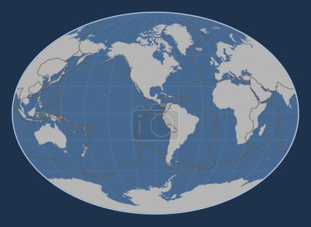 Téléchargez les photos : Limites des plaques tectoniques sur la carte de contour solide du monde dans la projection Fahey centrée sur la 90e longitude méridienne ouest - en image libre de droit