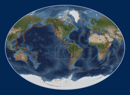 Téléchargez les photos : Répartition des volcans connus sur la carte satellite mondiale en marbre bleu dans la projection Fahey centrée sur la 90e longitude méridienne ouest - en image libre de droit