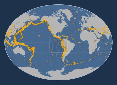 Téléchargez les photos : Emplacements des tremblements de terre au-dessus de Richter 6.5 enregistrés depuis le début du 17ème siècle sur la carte de contour solide du monde dans la projection Fahey centrée sur la 90ème longitude méridienne ouest - en image libre de droit