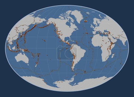 Téléchargez les photos : Distribution des volcans connus sur la carte de contour solide du monde dans la projection Fahey centrée sur la 90e longitude méridienne ouest - en image libre de droit