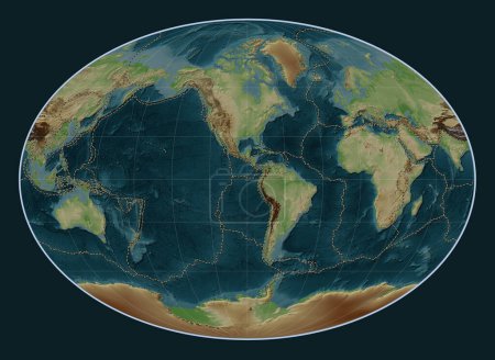 Foto de Límites de placas tectónicas en el mapa de elevación de estilo wikipedia mundial en la proyección Fahey centrada en la longitud del meridiano 90 oeste - Imagen libre de derechos