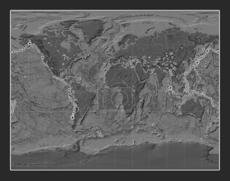 Photo for Locations of earthquakes above 6.5 magnitude recorded since the early 17th century on the world bilevel elevation map in the Gall Stereographic projection centered on the prime meridian - Royalty Free Image